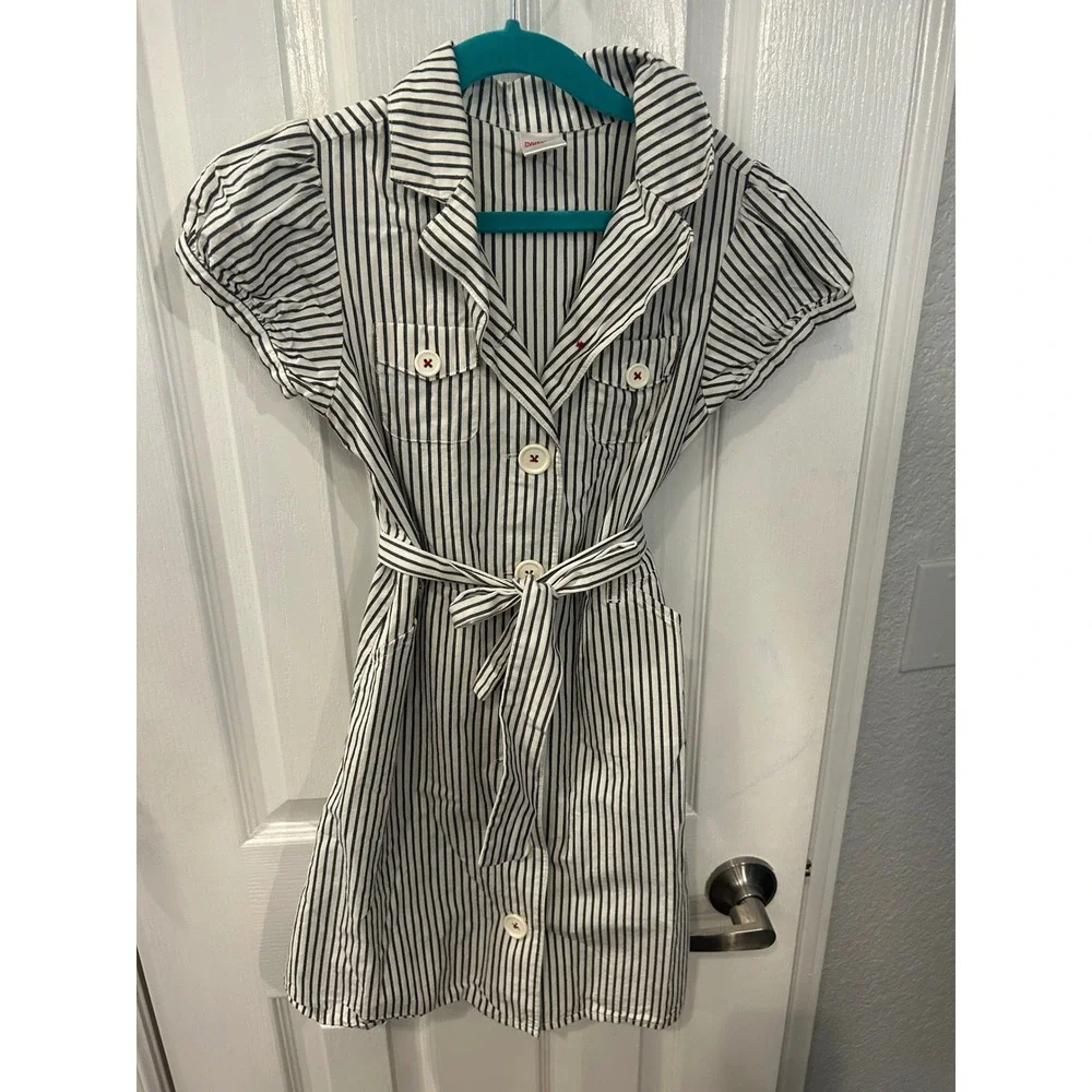 Gymboree Shirt Dress Blue White Striped Cotton Belted Puff Sleeve Kids Size 8